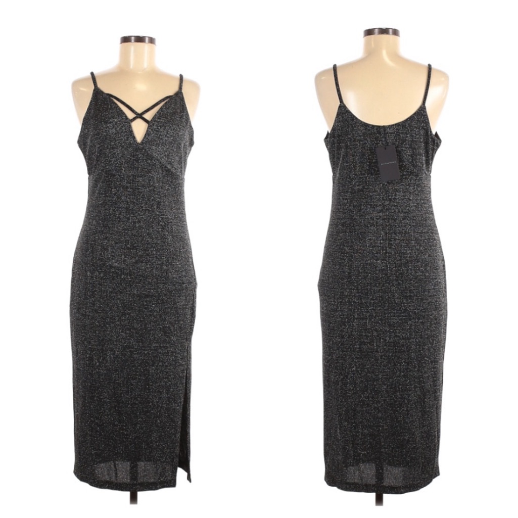 Nwt Joa Shimmer Criss Cross Midi Dress Silver Metallic